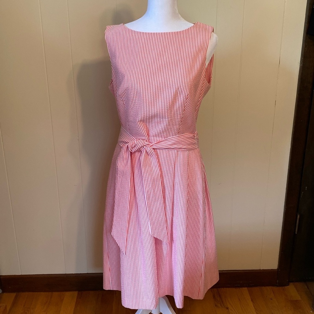 Anne Klein Orange & White Stripe Fit & Flare Seersucker Sheath Dress, Size 10.